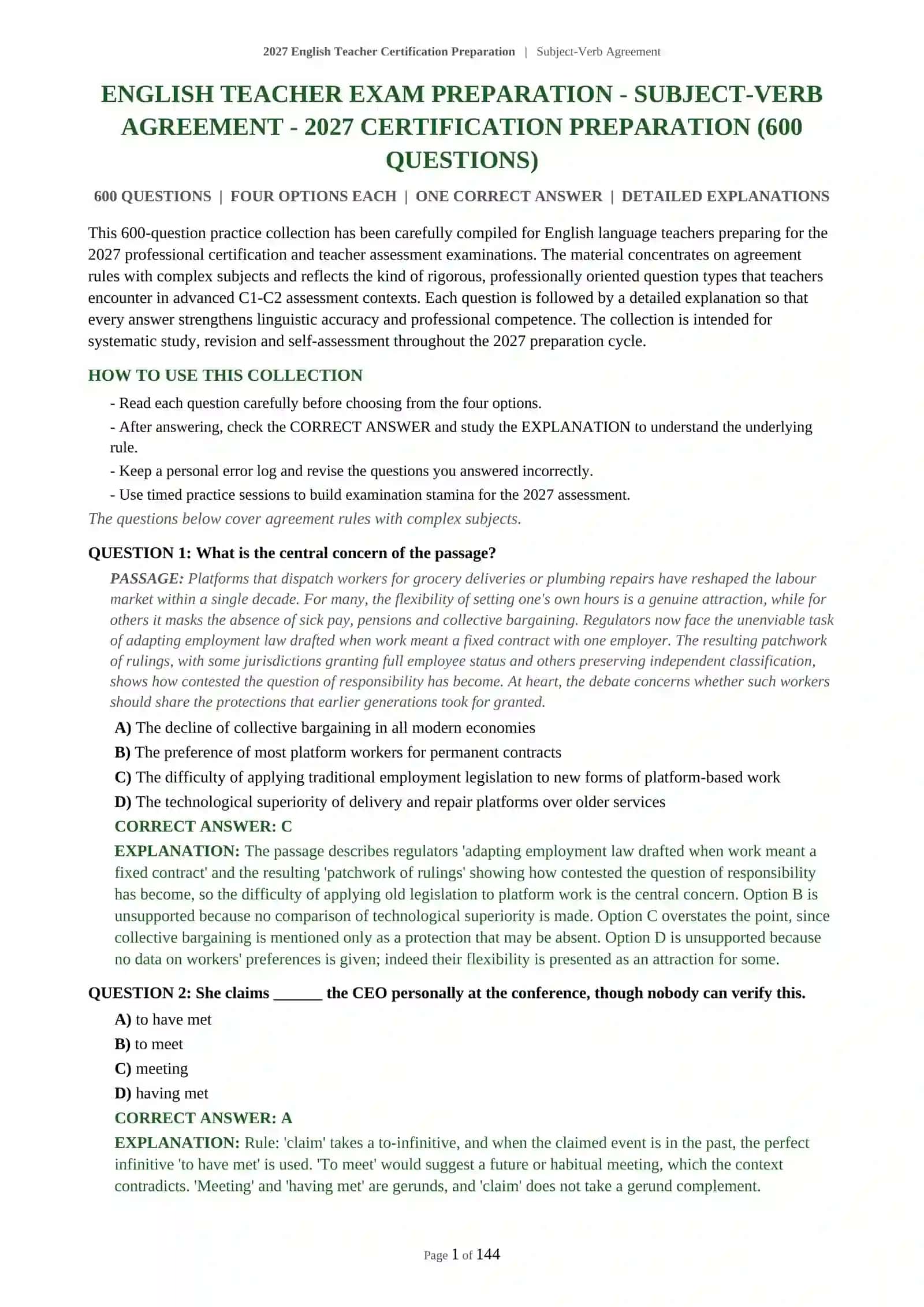 SUBJECT-VERB AGREEMENT - 2027 CERTIFICATION PREPARATION 2
