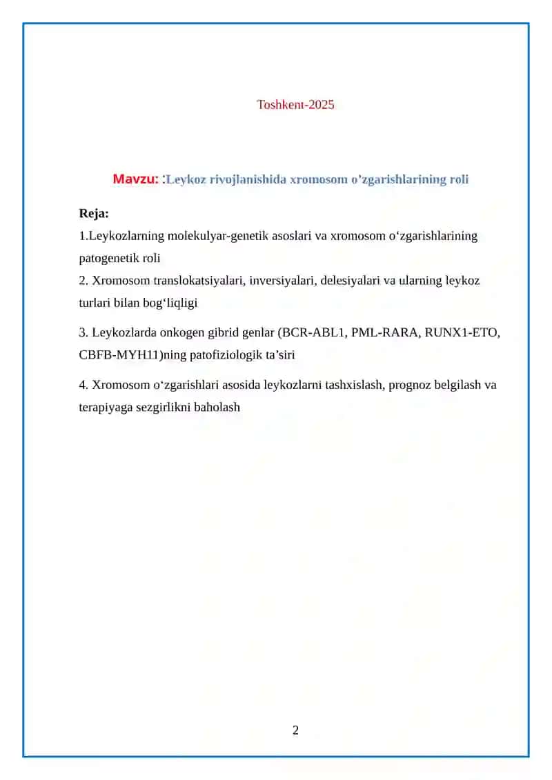Leykoz rivojlanishida xromosom o'zgarishlarning roli 2