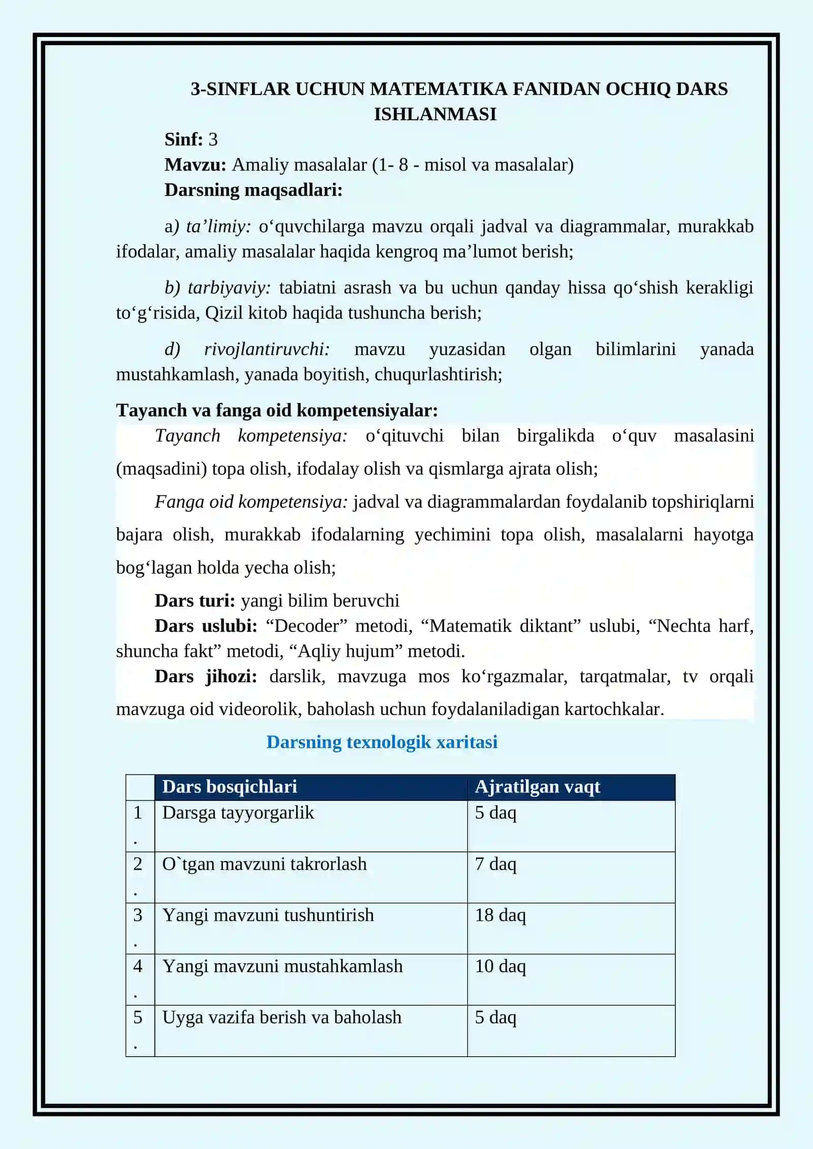 3-SINFLAR UCHUN MATEMATIKA FANIDAN OCHIQ DARS ISHLANMASI 2