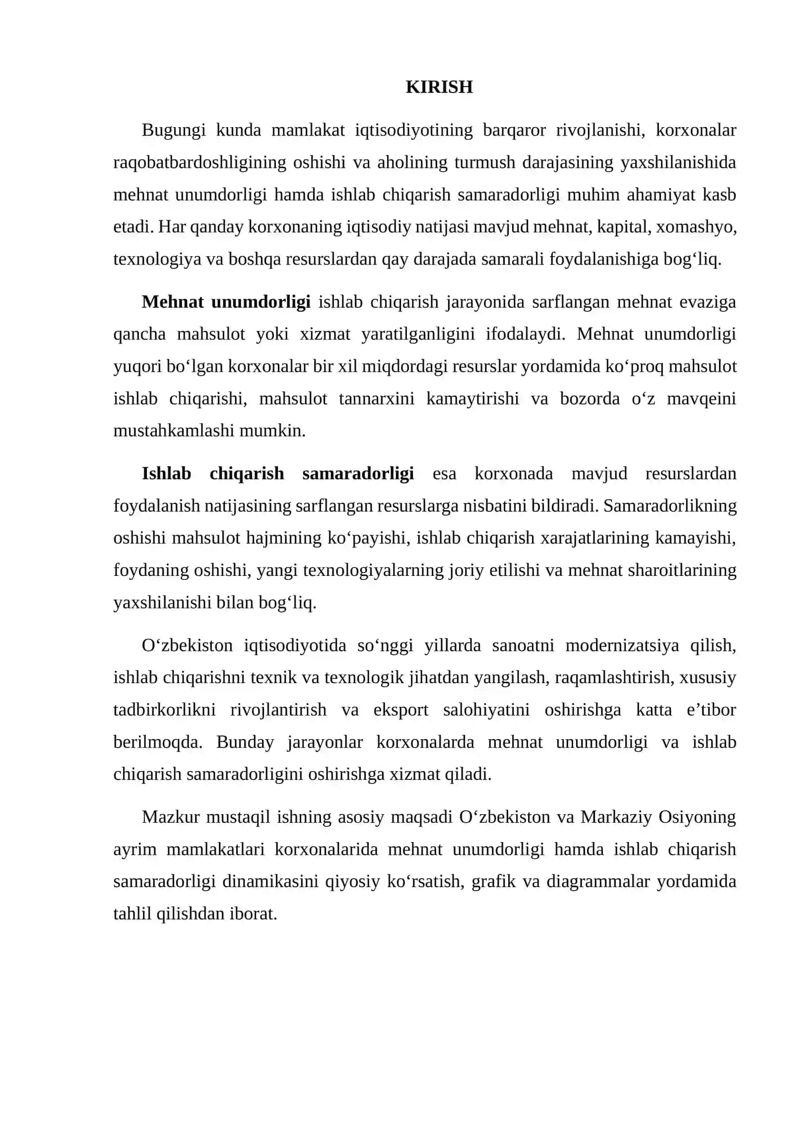 O‘ZBEKISTON VA BAHORIY MAMLAKATLAR KORXONALARIDA MEHNAT UNUMDORLIGI VA ISHLAB CHIQARISH SAMARADORLIGI DINAMIKASI BO‘YICHA QIYOSIY DIAGRAMMA VA GRAFIK TUZISH 2