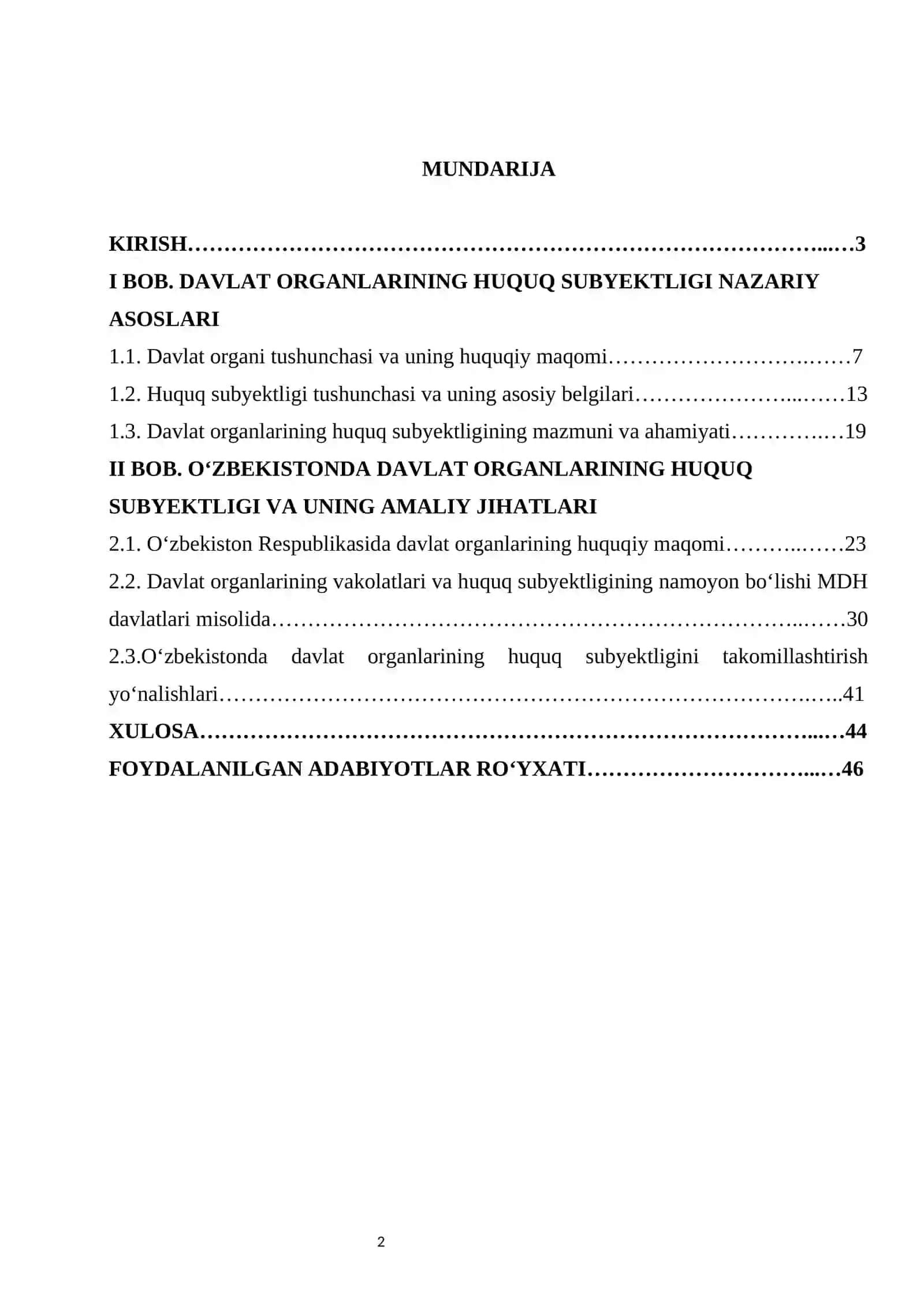 Davlat organlarining huquq subyektligi kurs ishi 2