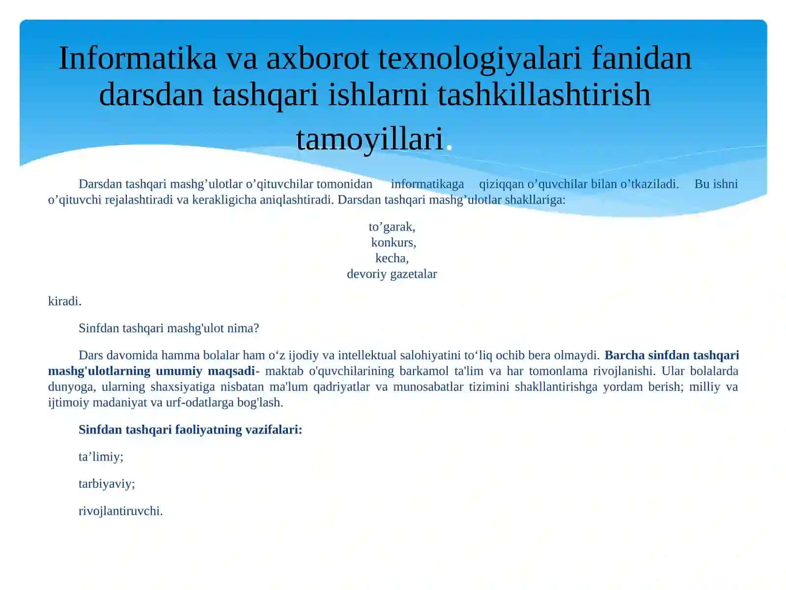 Informatika va axborot texnologiyalari fanidan o‘quv mashg’ulotlari va darsdan tashqari mashg‘ulotlarni tashkil etish va o‘tkazish metodikasi 2