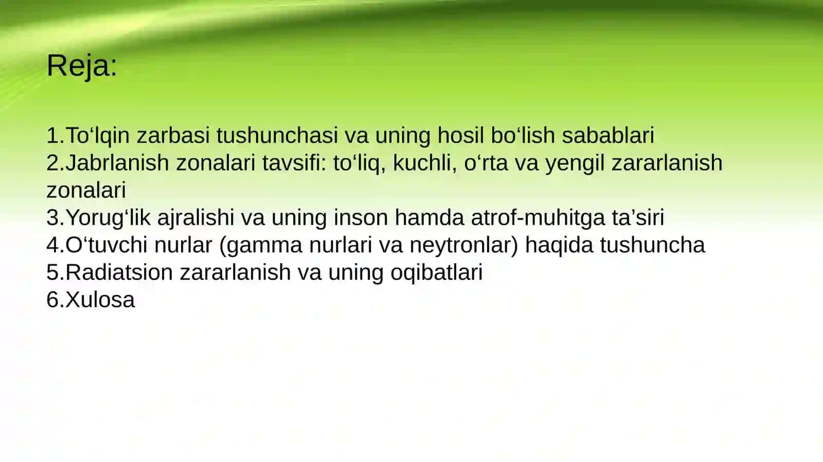 Mavzu: To‘lqin zarbi. Jabrlanish zonalari tavsifi. Yorug‘lik ajralishi. O’tuvchi nurlar. 2