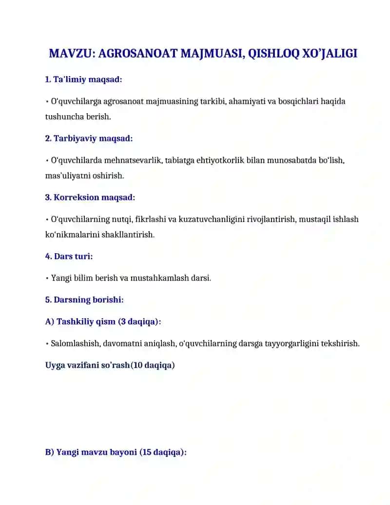 AGROSANOAT MAJMUASI 8-sinflar uchun DARS ISHLANMASI 2