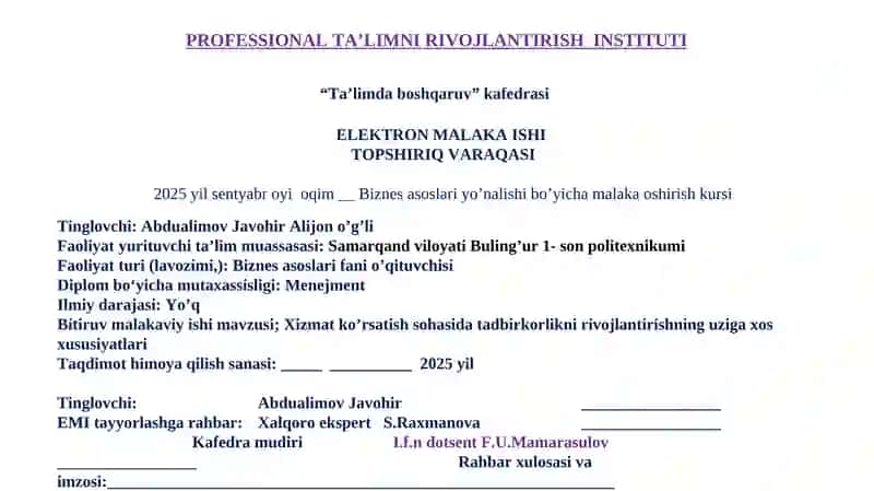 "Biznes asoslari o‘qituvchilar 1-guruhi tinglovchisi" 2
