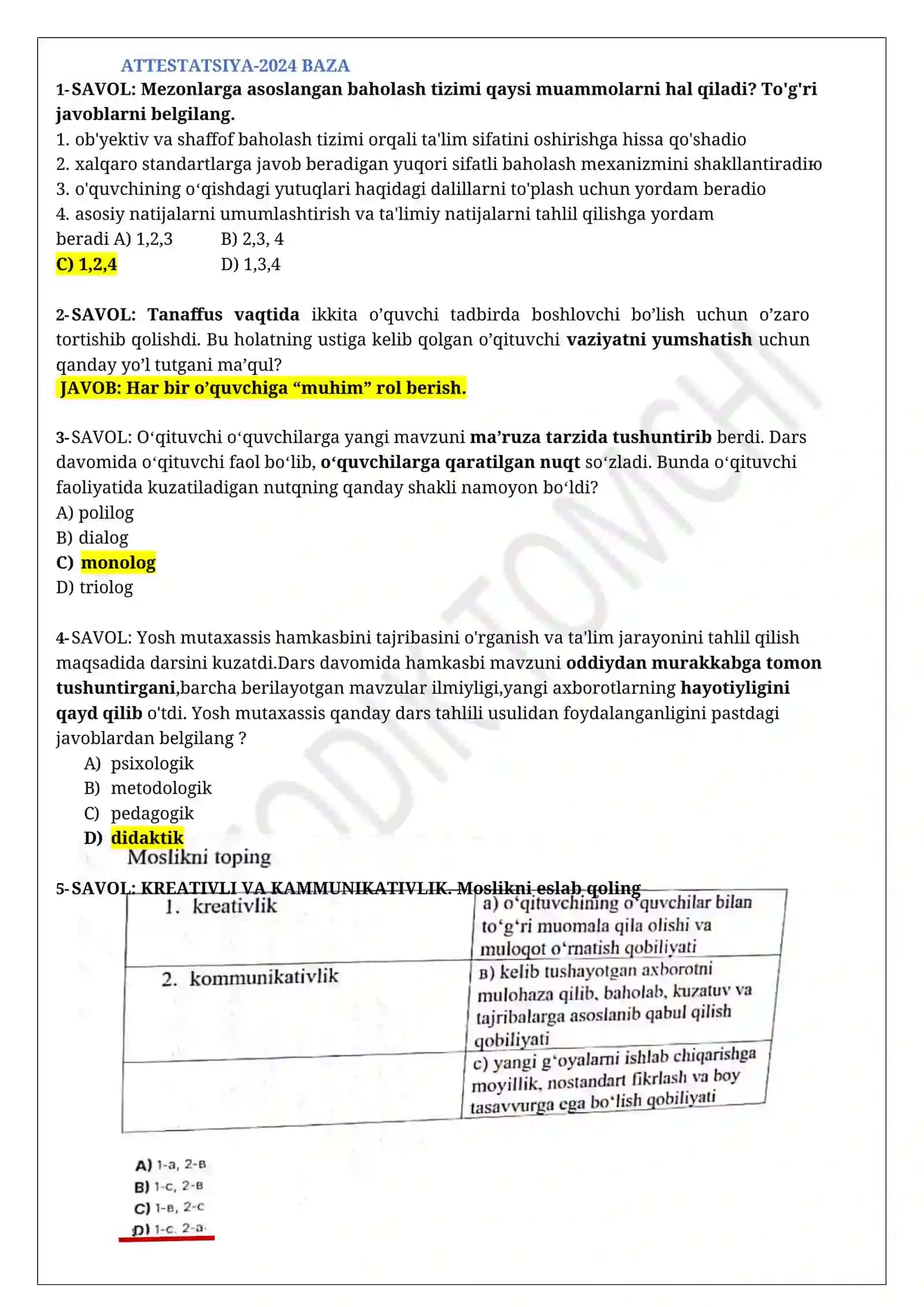 pedagogik mahorat va kasb standarti ATTESTATSIYA-2024 BAZA 2