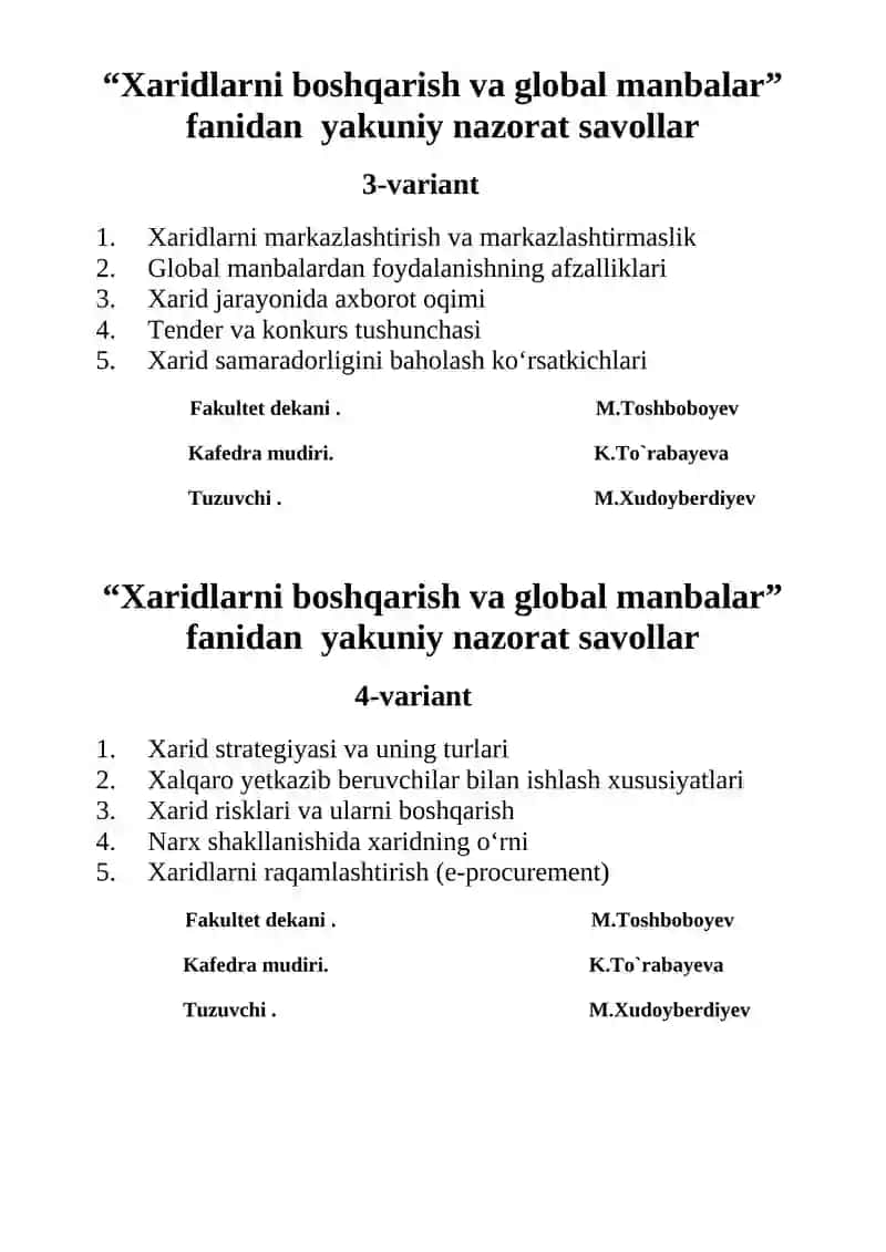 Xaridlarni boshqarish va global manbalar 2