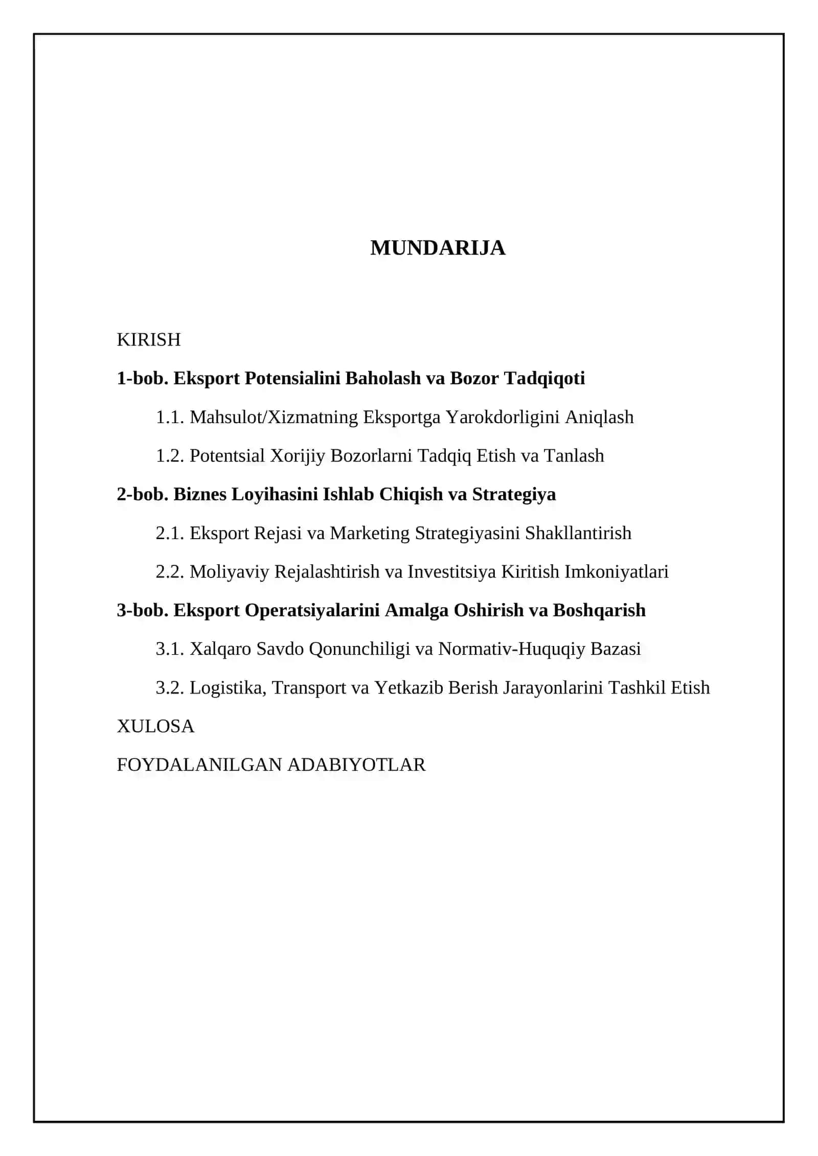 Eksportga yoʻnaltirilgan biznes loyihalarini rejalashtirish 2