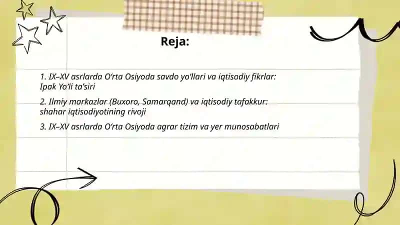 IX-XV asrlarda Oʻrta Osiyodagi iqtisodiy fikrlar. XIX asr oʻrtalaridagi namoyondalar: Senior, Bastiya, Mak-Kullox va Kerilarning iqtisodiy qarashlarini tahlil qilish 2