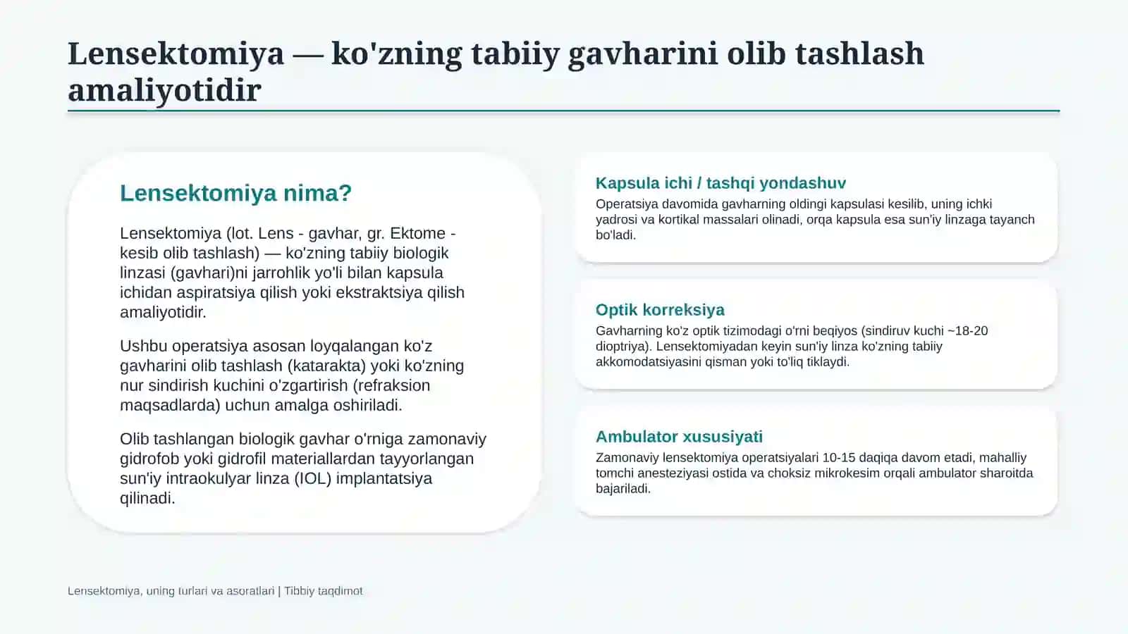 Lensektomiya | Ko‘z gavhari jarrohligi | 15 slayd 2
