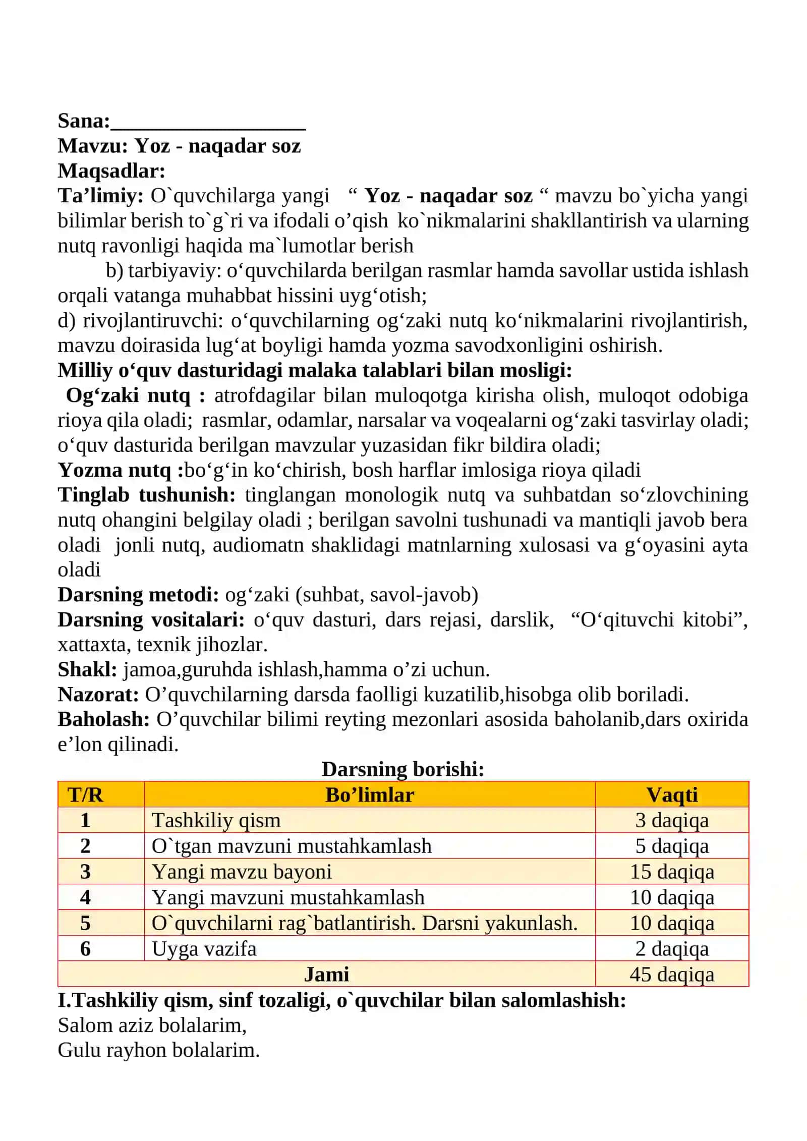 Yoz - naqadar soz 1-sinf o'qish savodxonligi dars ishlanmasi 2