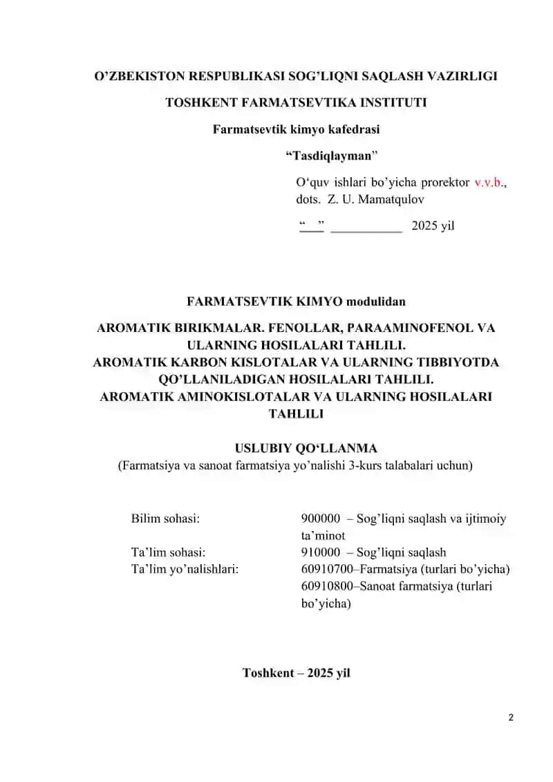 AROMATIK BIRIKMALAR. FENOLLAR, PARAAMINOFENOL VA ULARNING HOSILALARI TAHLILI 2