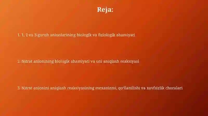1, 2, 3 guruh anionlarini biologik ahamiyati. Nitrat anionini aniqlash reaksiyasi 2