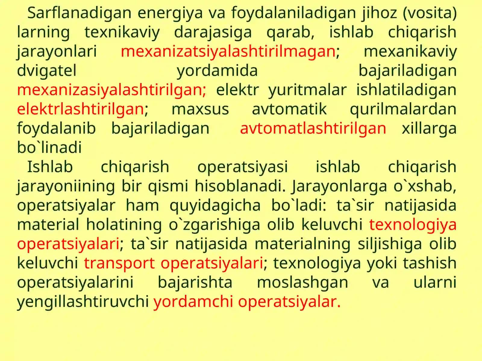 Texnologiya, ishlab chiqarish jarayoni va operasiyalar haqida tushuncha. Agrome’yorlash va qo’yimlarni asoslash 2