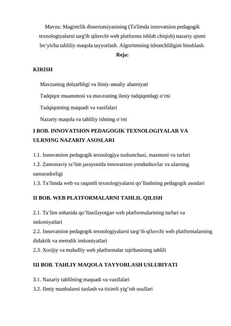 Magistrlik dissertatsiyasining (Ta'limda innovatsion pedagogik texnologiyalarni targ'ib qiluvchi web platforma ishlab chiqish) nazariy qismi bo’yicha tahliliy maqola tayyorlash 2