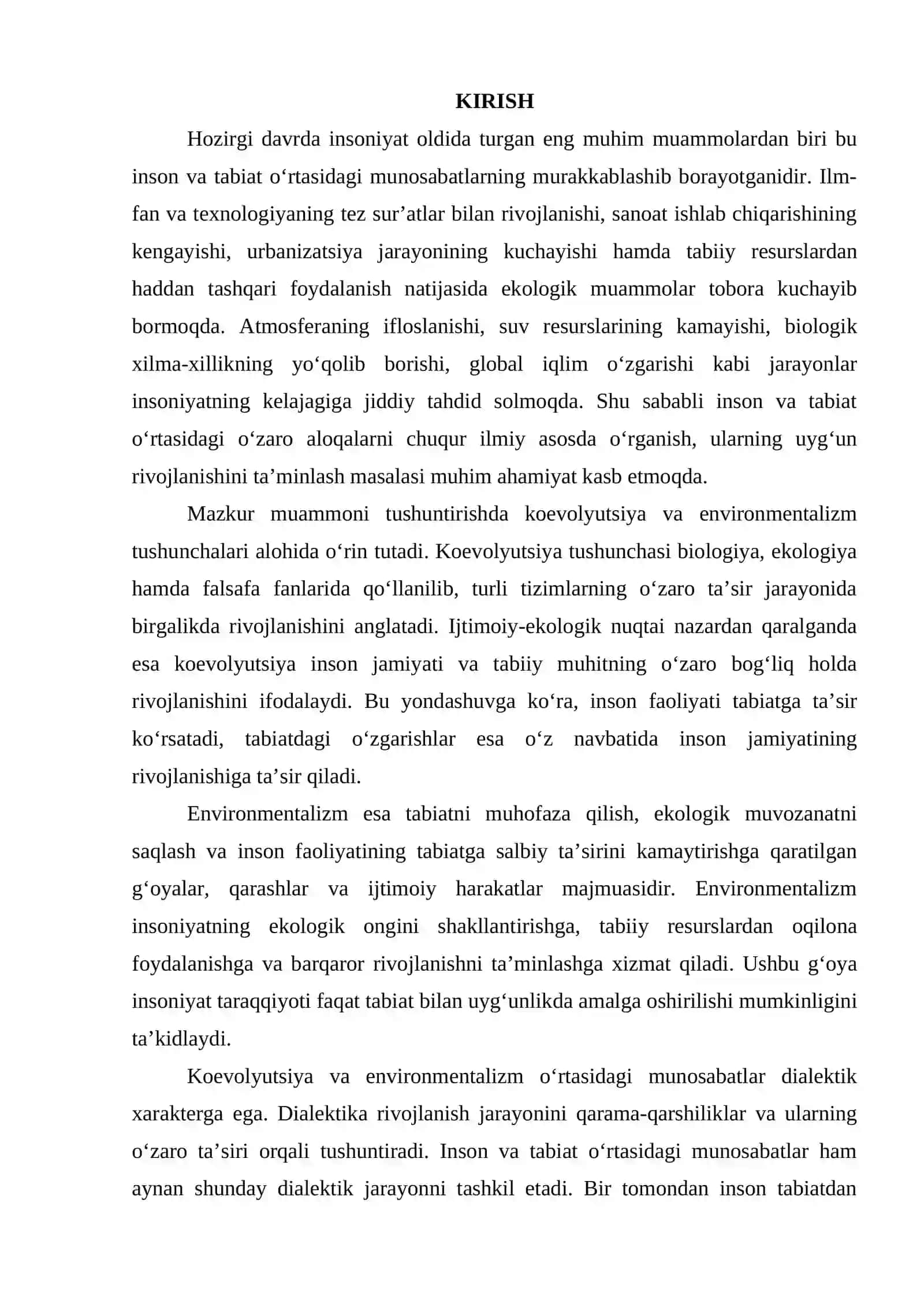 “Koevolyutsiya va environmentalizm dialektikasi” 2