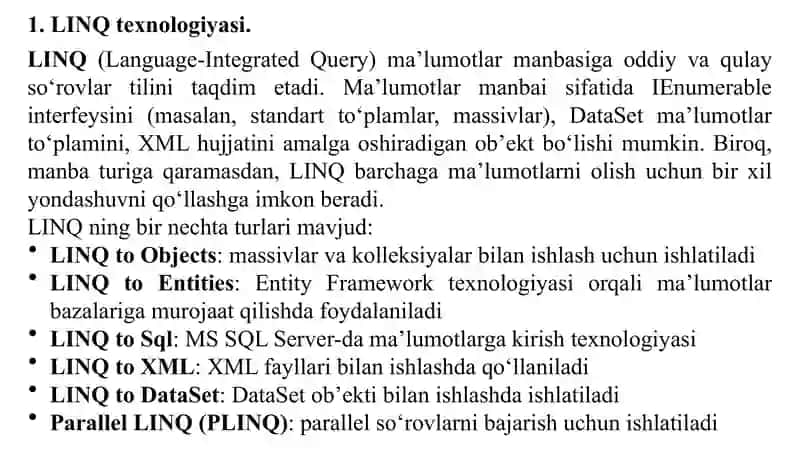 Ob’ektlarga LINQ texnologiyalarini qo‘llash. 2