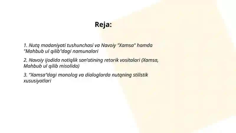Alisher Navoiy ijodida nutq madaniyati va notiqlik sanʼati masalalari talqini: "Xamsa","Mahbub ul qilib" asarlari misolida 2