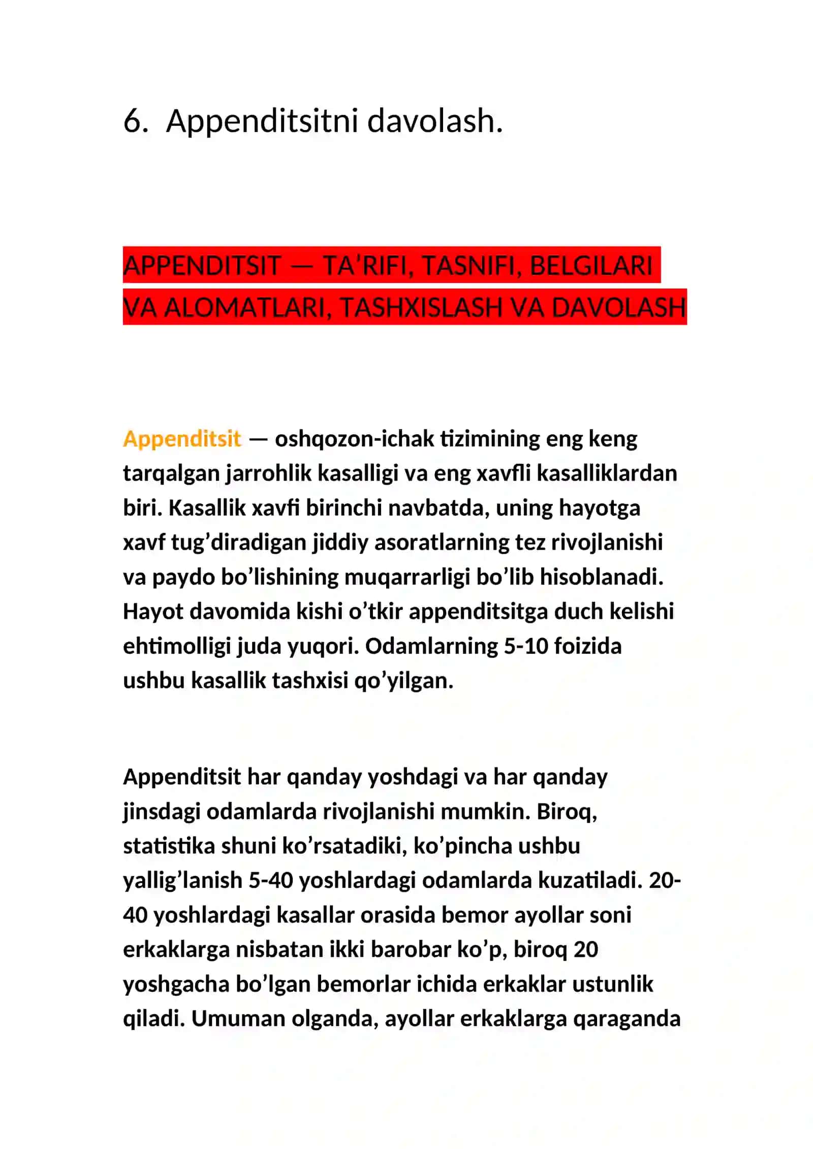 APPENDITSIT — TA’RIFI, TASNIFI, BELGILARI VA ALOMATLARI, TASHXISLASH VA DAVOLASH 2