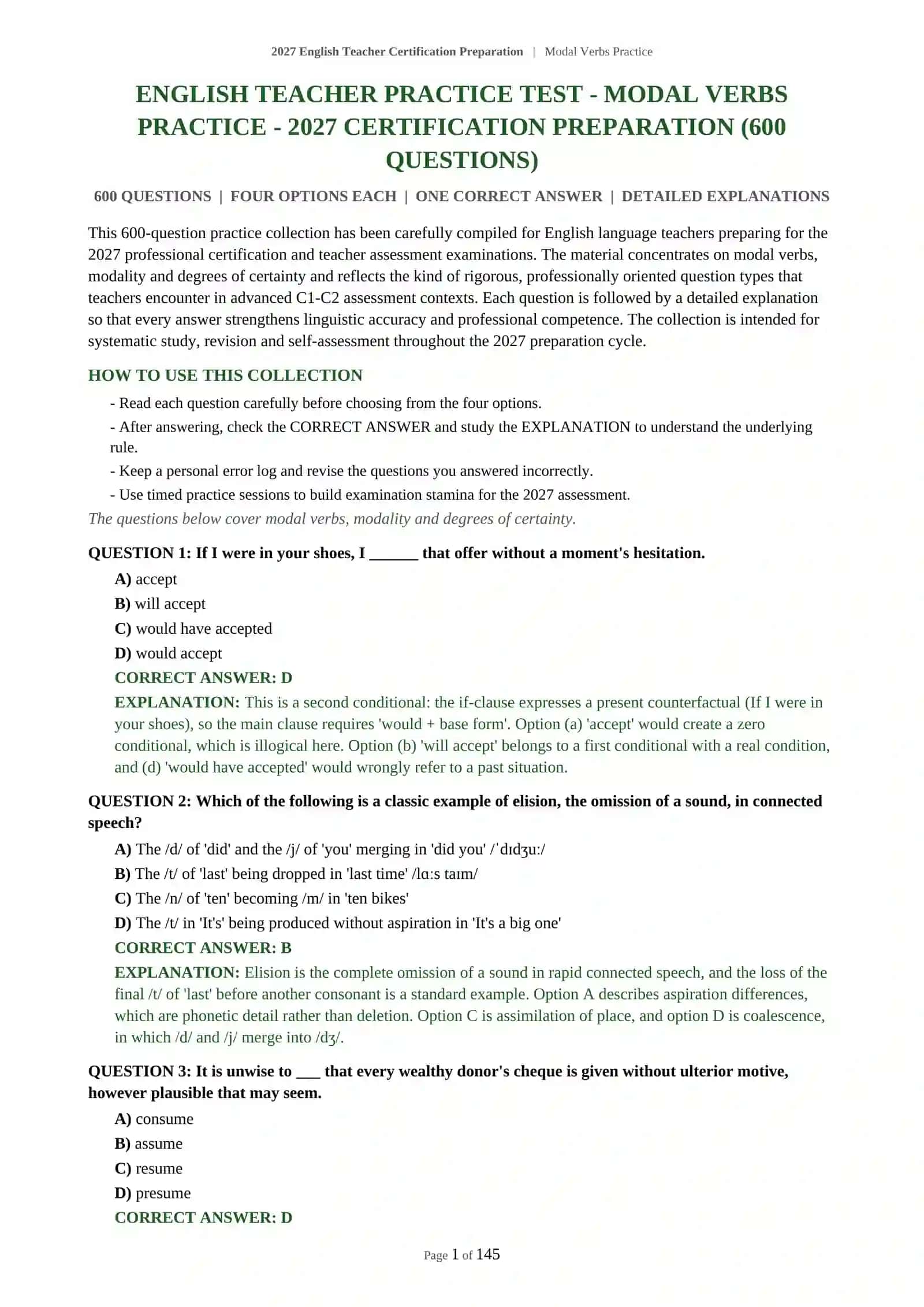 2027 English Teacher Certification Preparation | Modal Verbs Practice 2