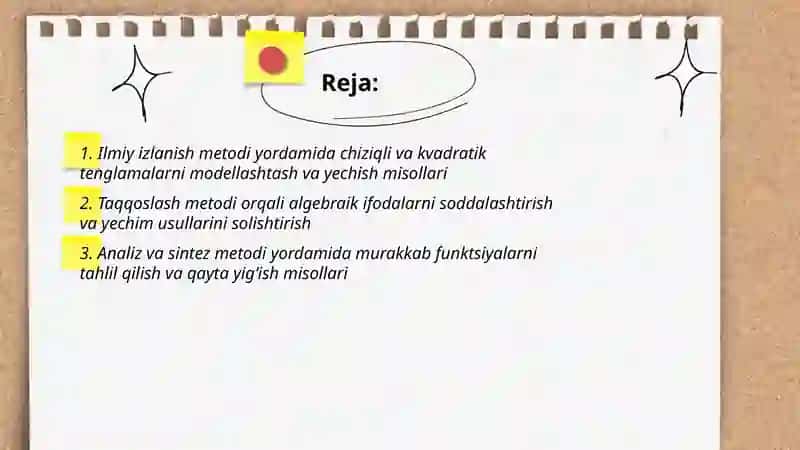 Ilmiy izlanish metodi, taqqoslash metodi, analiz va sintez metodi, kuzatish metodi va umumlashtirish metodlardan foydalangan holda matematik misollarni ishlanishi va yoʻllarini koʻrsatish 2