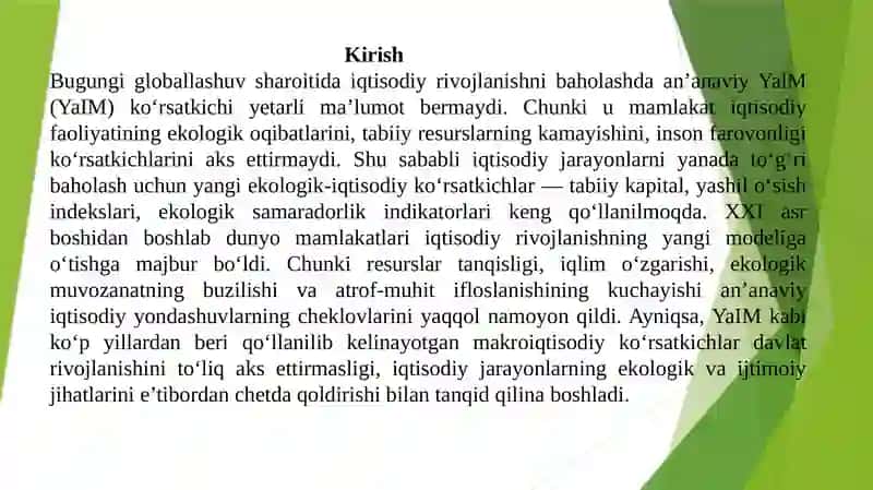 Tabiiy kapitalni baholashning iqtisodiy metriklari YalM alternativlari 2