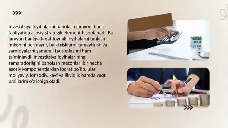 Banklarning investitsiya loyihalarning moliyaviy iqtisodiy samaradorligini baxolash usullari 2