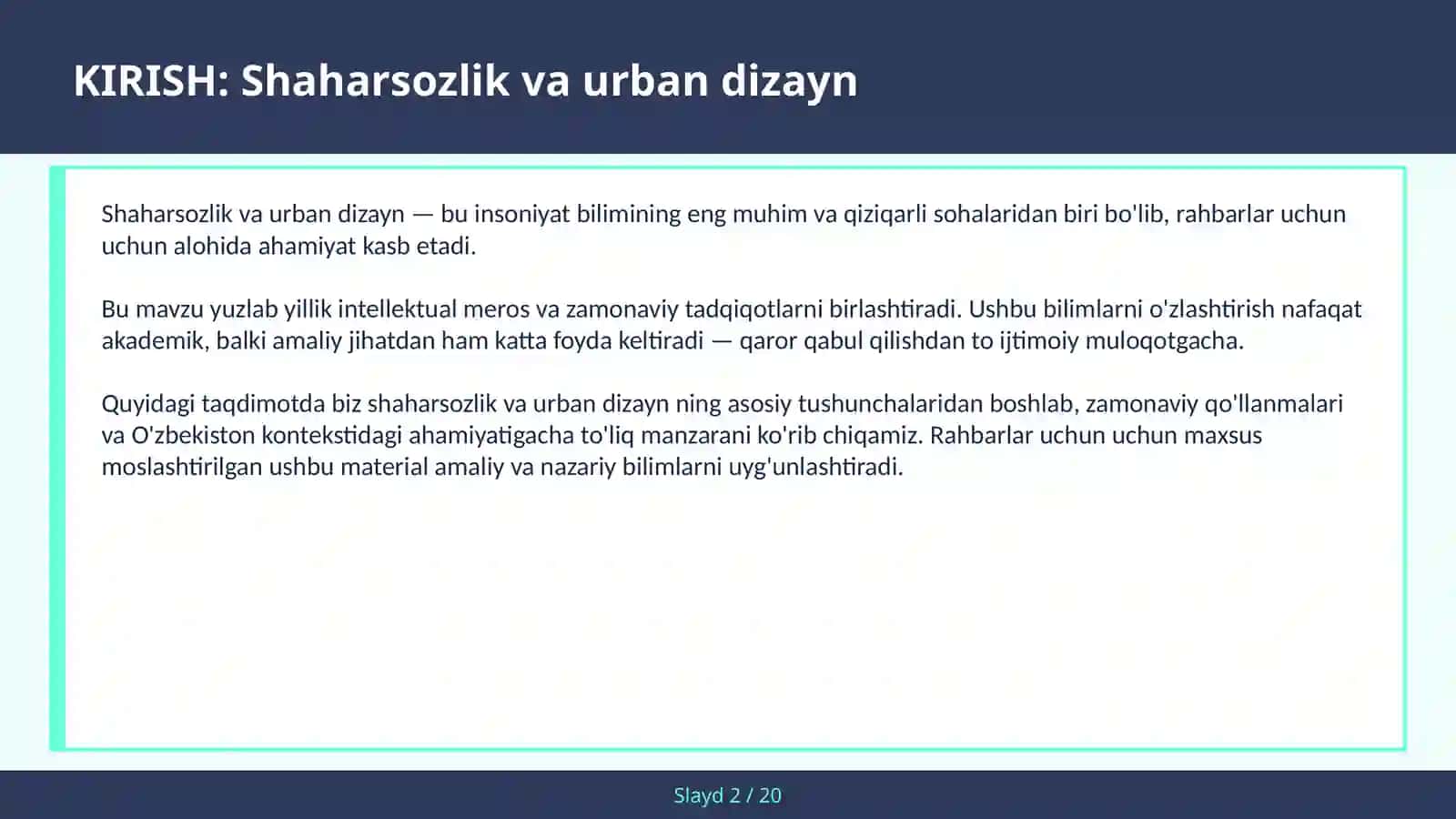SHAHARSOZLIK VA URBAN DIZAYN 2