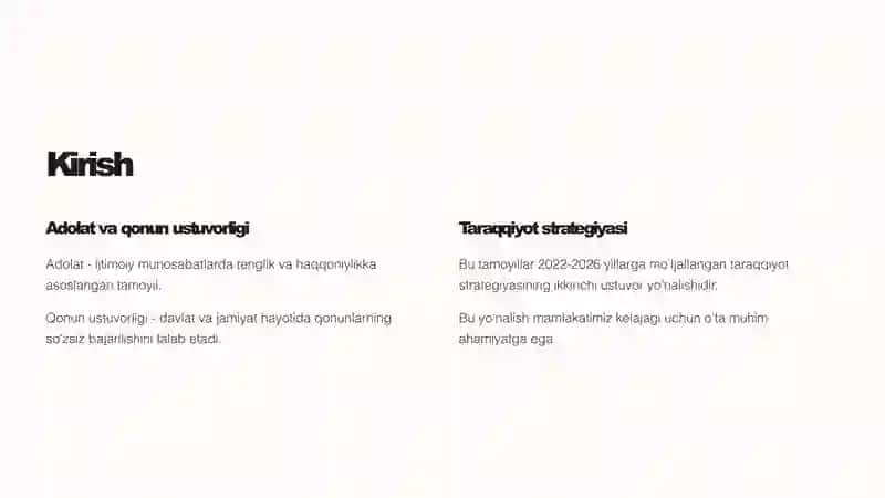 Mamlakatimizda adolat va qonun ustuvorligi tamoyillarini taraqqiyotning eng asosiy va zarur shartiga aylantirish 2