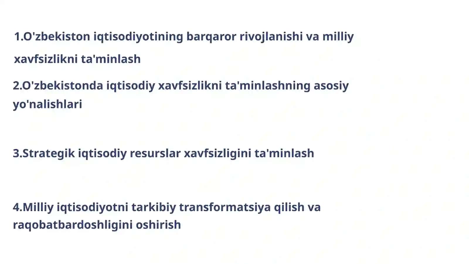 O'zbekistonda iqtisodiy xavfsizlikni ta'minlashning ustuvor yo'nalishlari 2
