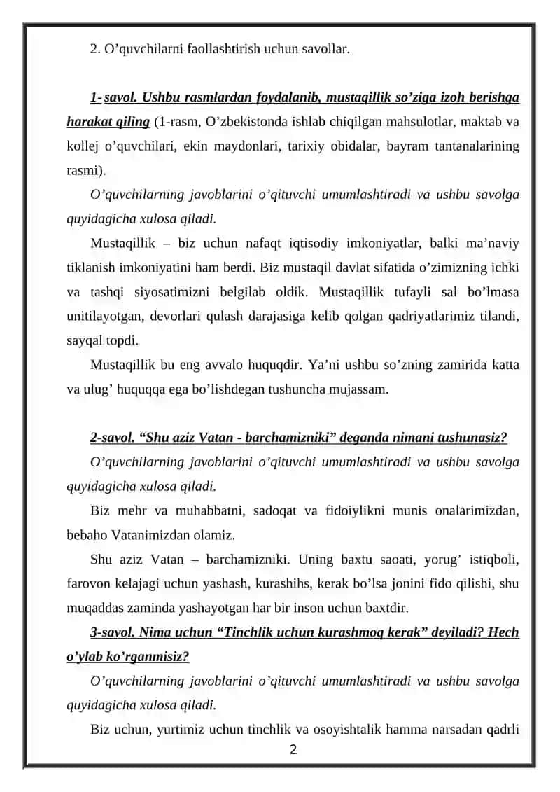O’zbekiston mening Vatanim, baxtu iqbolim makoni Dars ishlanma 2