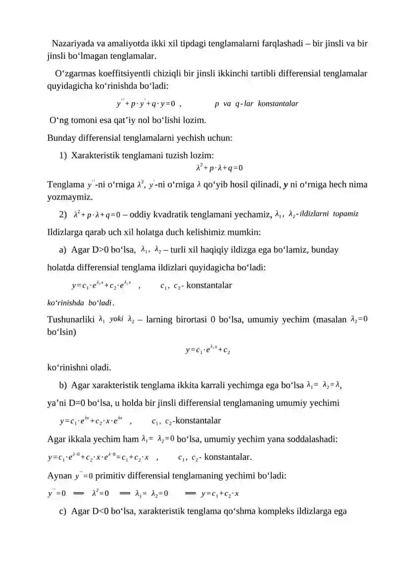 O’zgarmas koeffitsiyentli yuqori tartibli chiziqli bir jinsli bo’lmagan differensial tenglamalar 2
