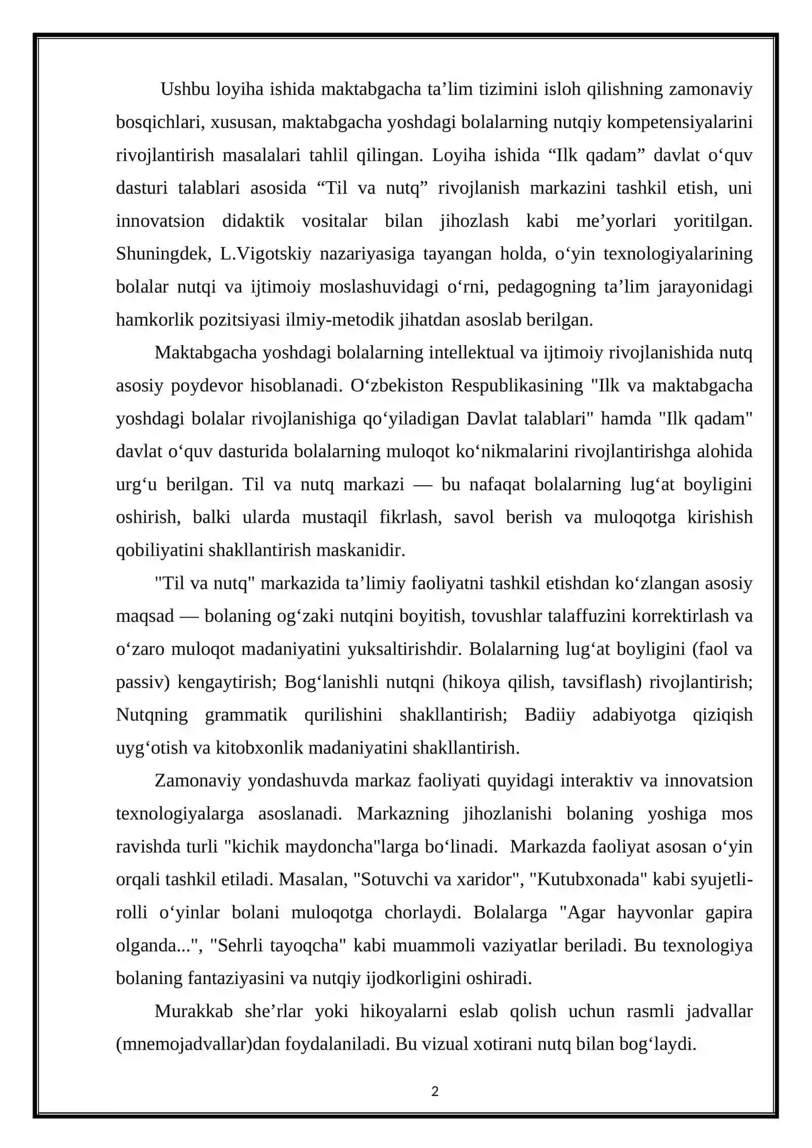 “ Til va nutq markazida ta’limiy faoliyatni tashkl etish texnologiyasi” mavzusida LOYIHA ISHI 2