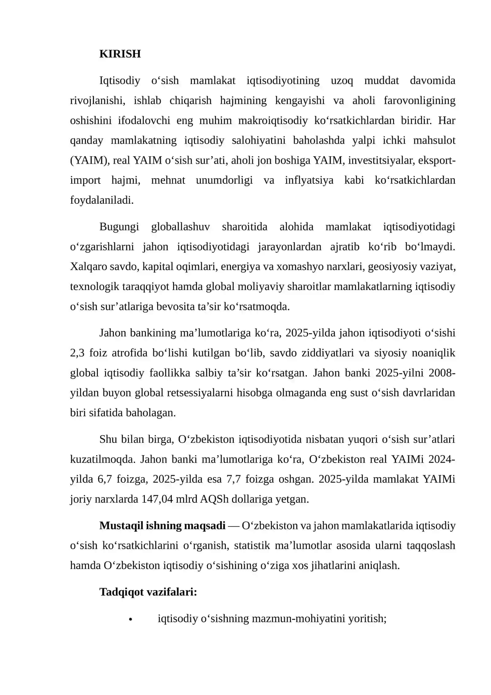 O‘ZBEKISTON VA JAHON MAMLAKATLARIDA IQTISODIY O‘SISH KO‘RSATKICHLARINI JADVAL VA GRAFIKLAR ASOSIDA TAHLIL QILISH 2