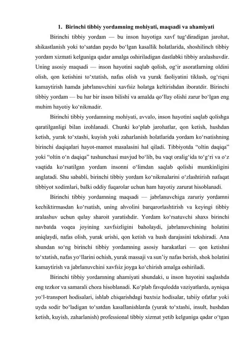 BIRINCHI TIBBIY YORDAMNING AHAMIYATI VA UNI BAJARISHNING UMUMIY QOIDALARI 2