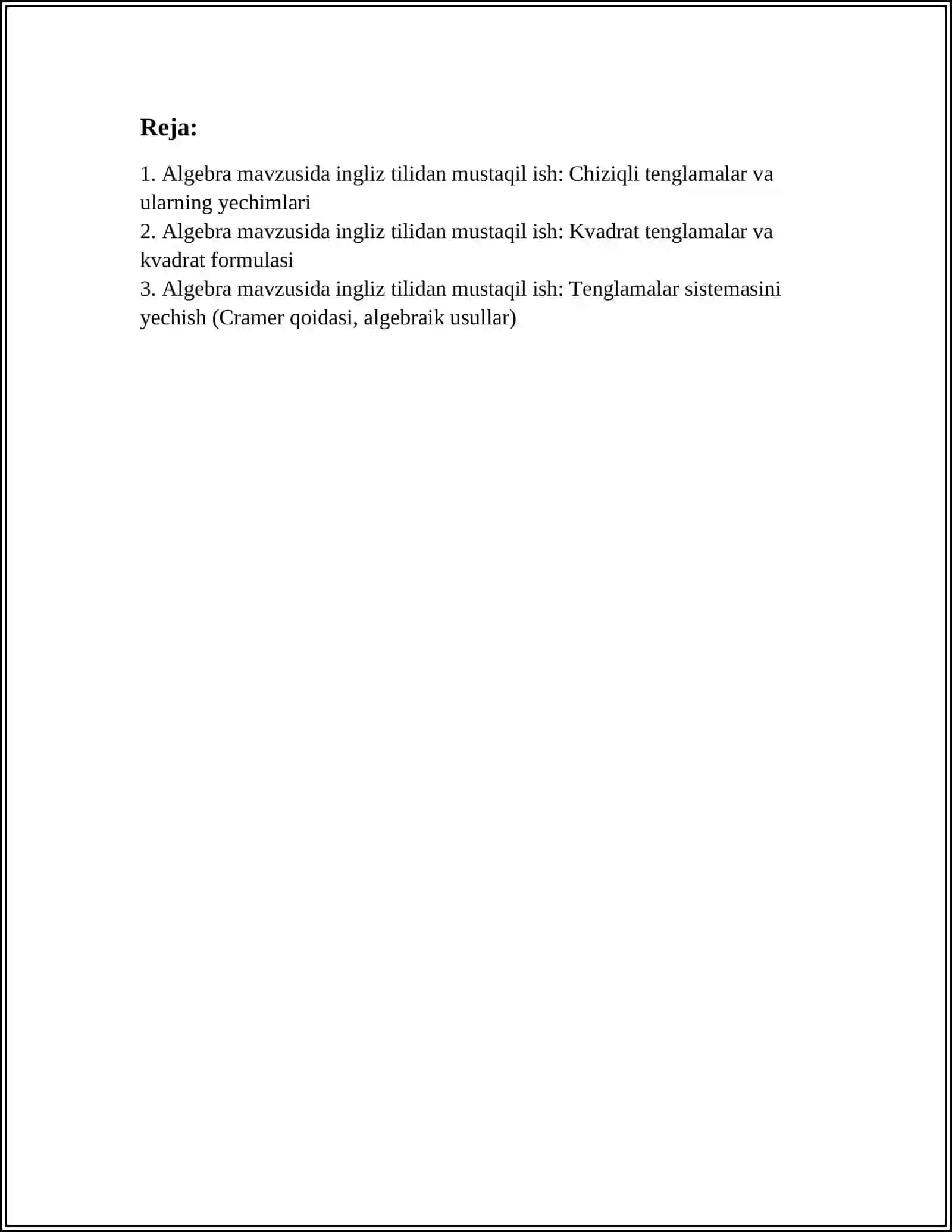 ALGEBRA MAVZUSIDA INGLIZ TILIDAN MUSTAQIL ISH 2
