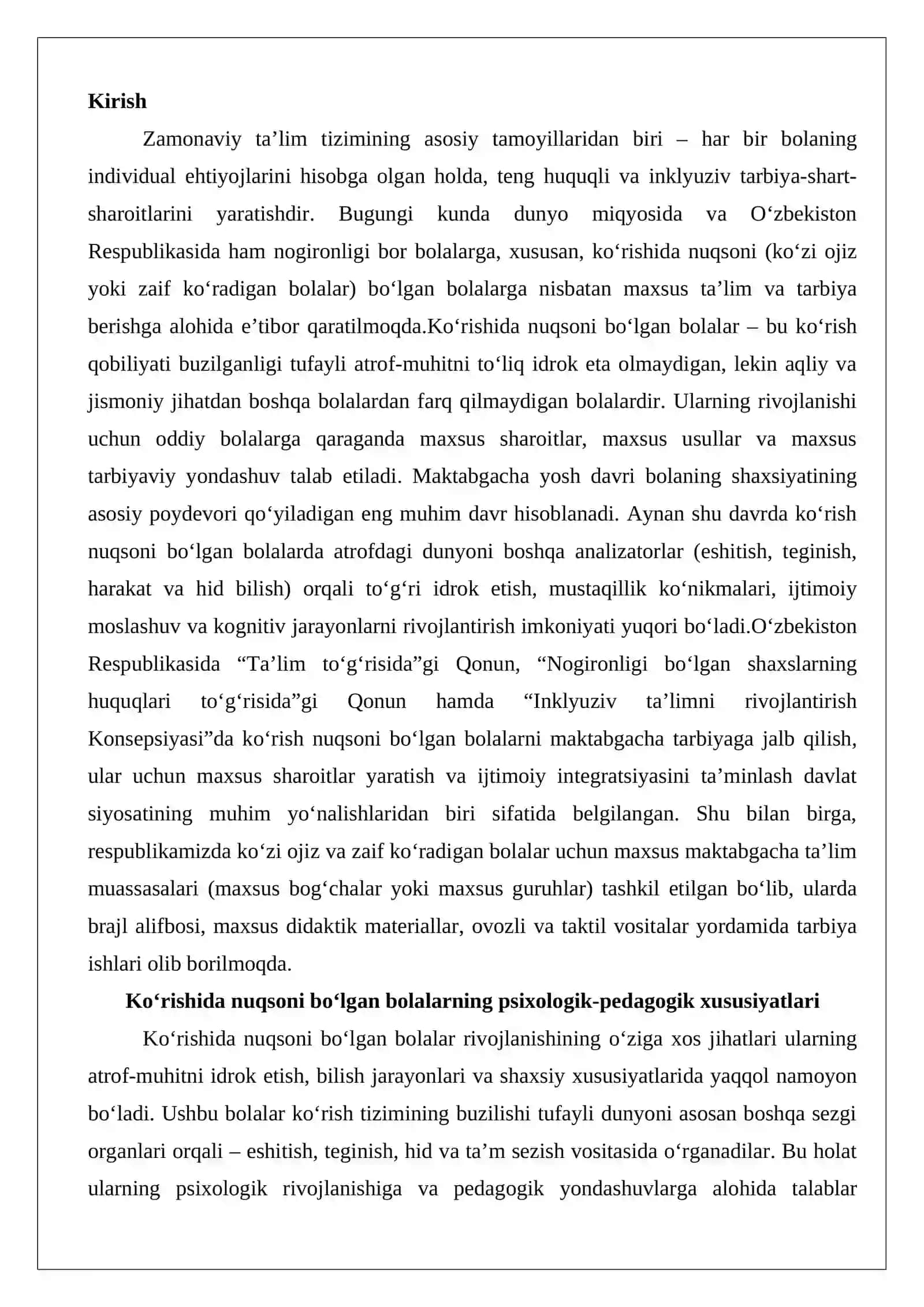 Ko‘rishida nuqsoni bo‘lgan bolalar uchun maktabgacha tarbiya muassasalari faoliyati 2