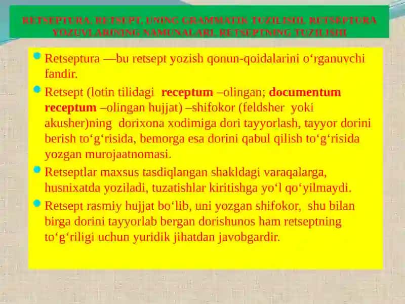 RETSEPT, UNING GRAMMATIK TUZILISHI. RETSEPTURA YOZUVLARINING NAMUNALARI 2