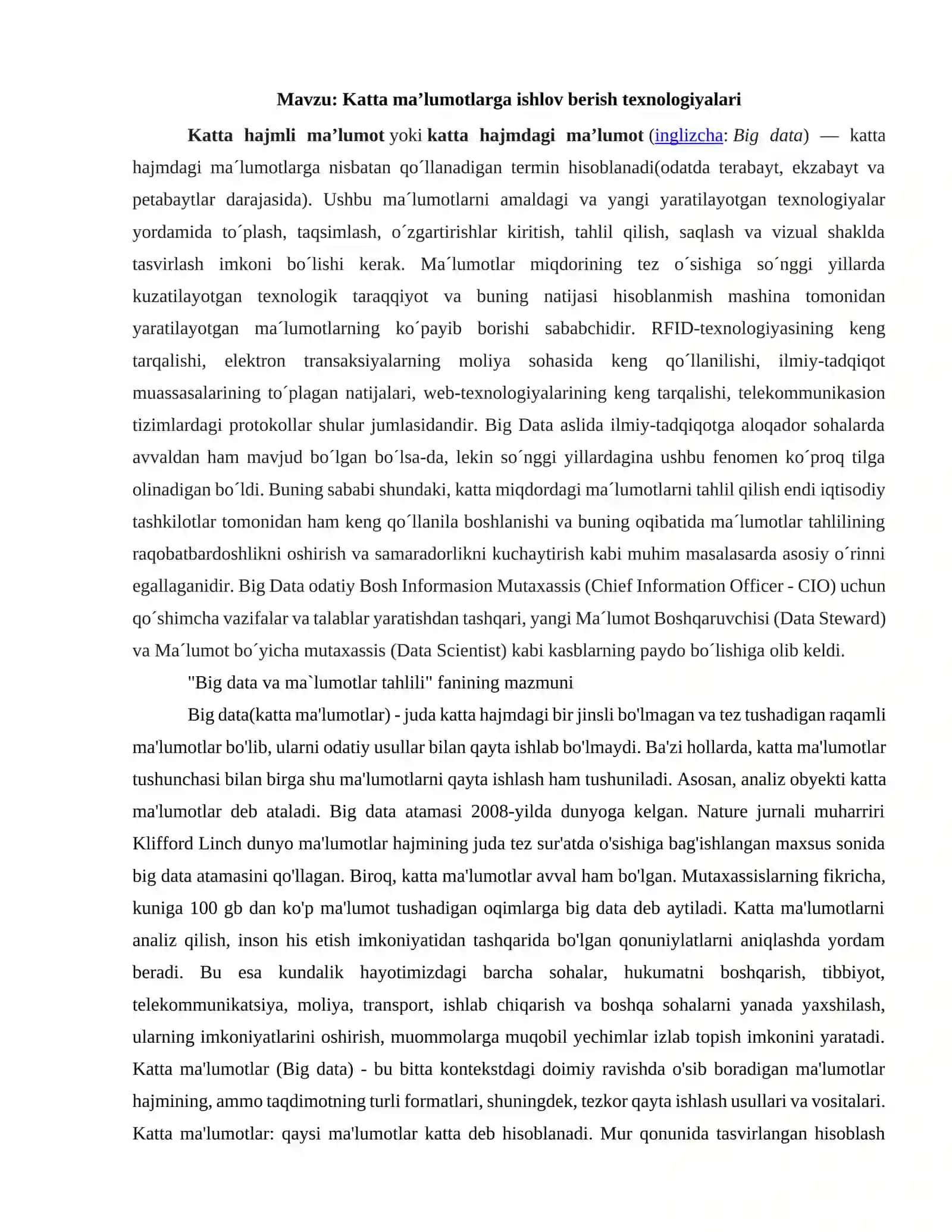 Katta ma’lumotlarga ishlov berish texnologiyalari 2