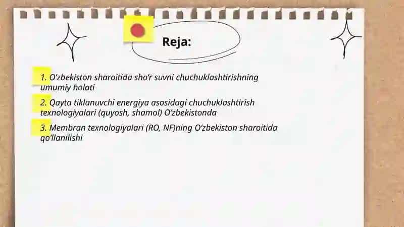 O’zbekiston sharoiti sho’r suvni chuchuklashtirish 2