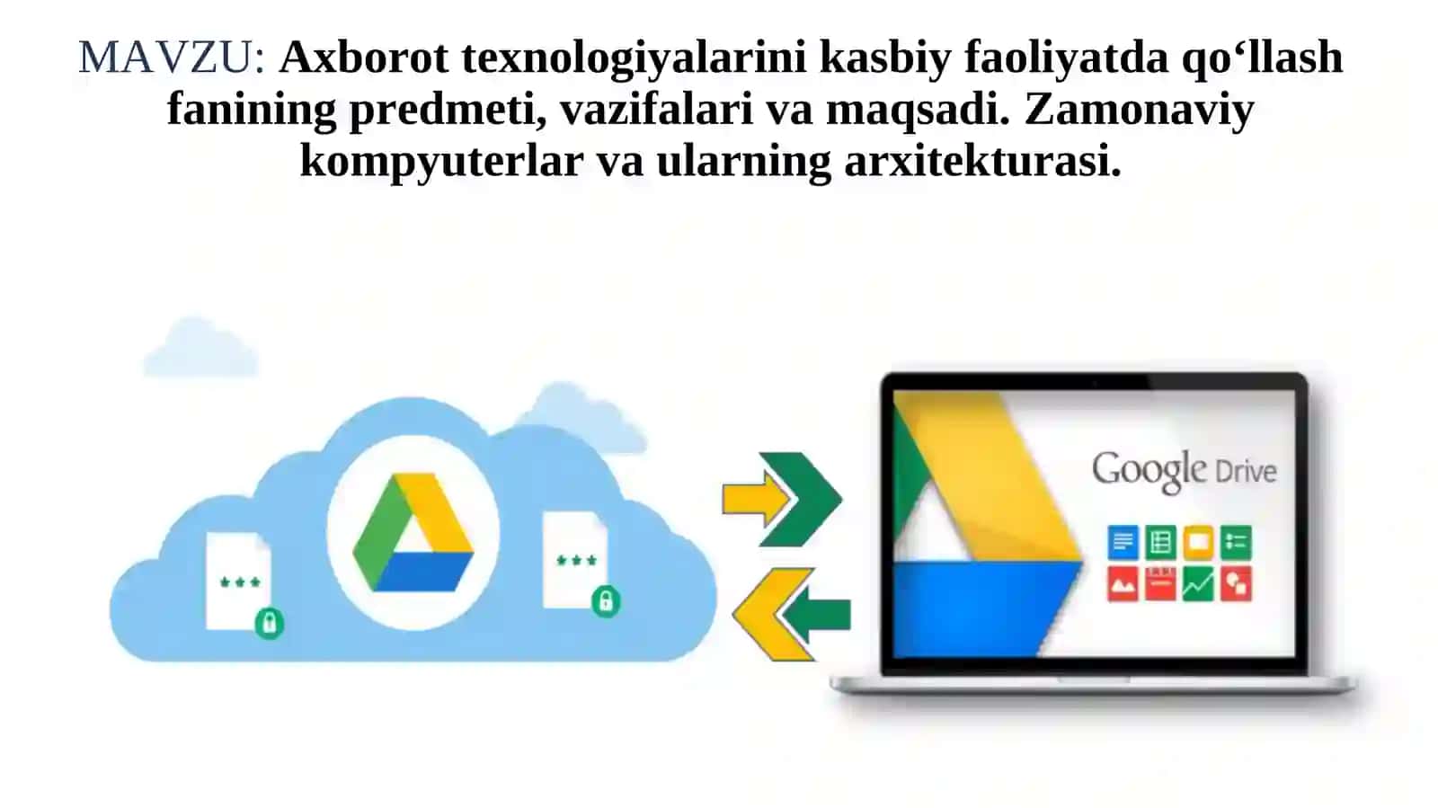 Axborot texnologiyalarini kasbiy faoliyatda qo‘llash fanining predmeti, vazifalari va maqsadi.Zamonaviy kompyuterlar va ularning arxitekturasi 2