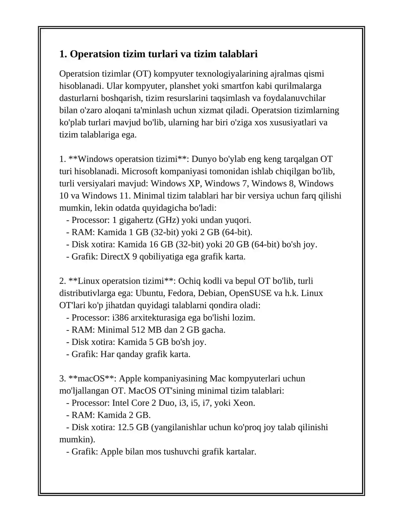 Operatsion tizimlarni O'RNATISH 2