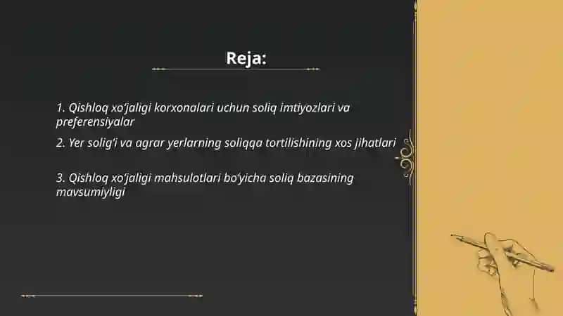 Qishloq xòjaligi korxonalarini soliqqa tortishning oʻziga xos xususiyatlari 2