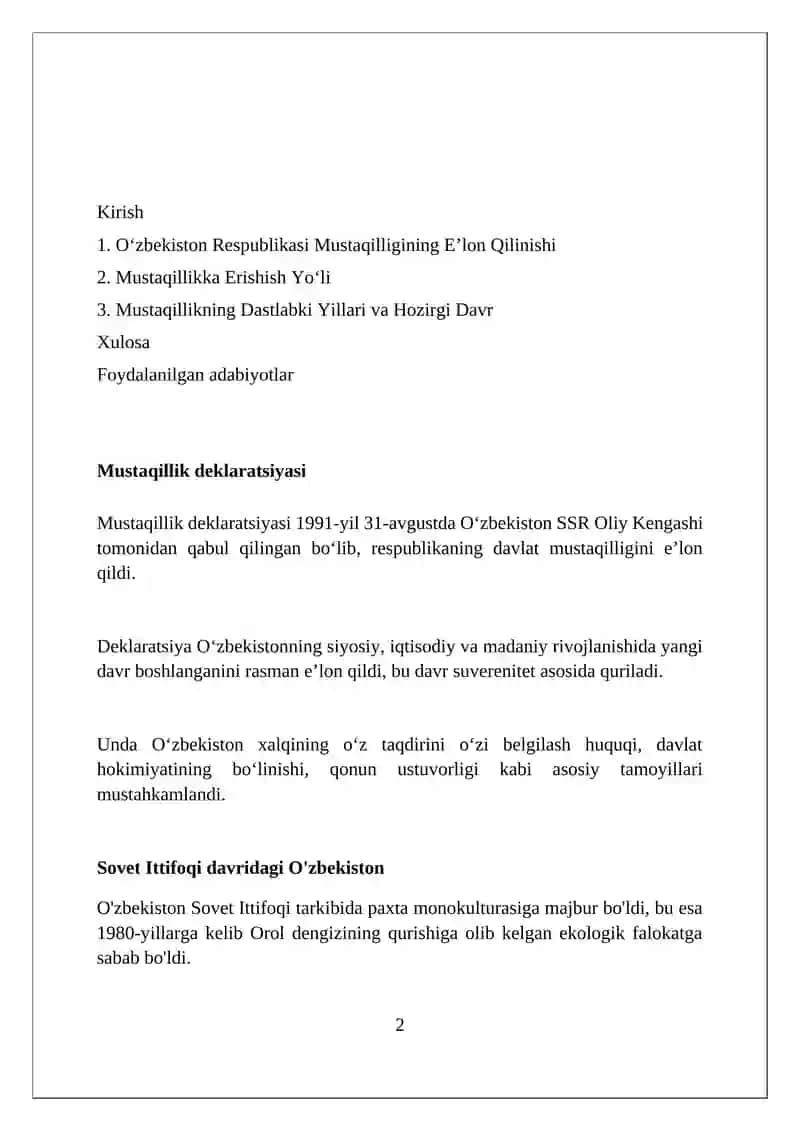 Oʻzbekiston Respublikasi Mustaqilligining Tarixi 2