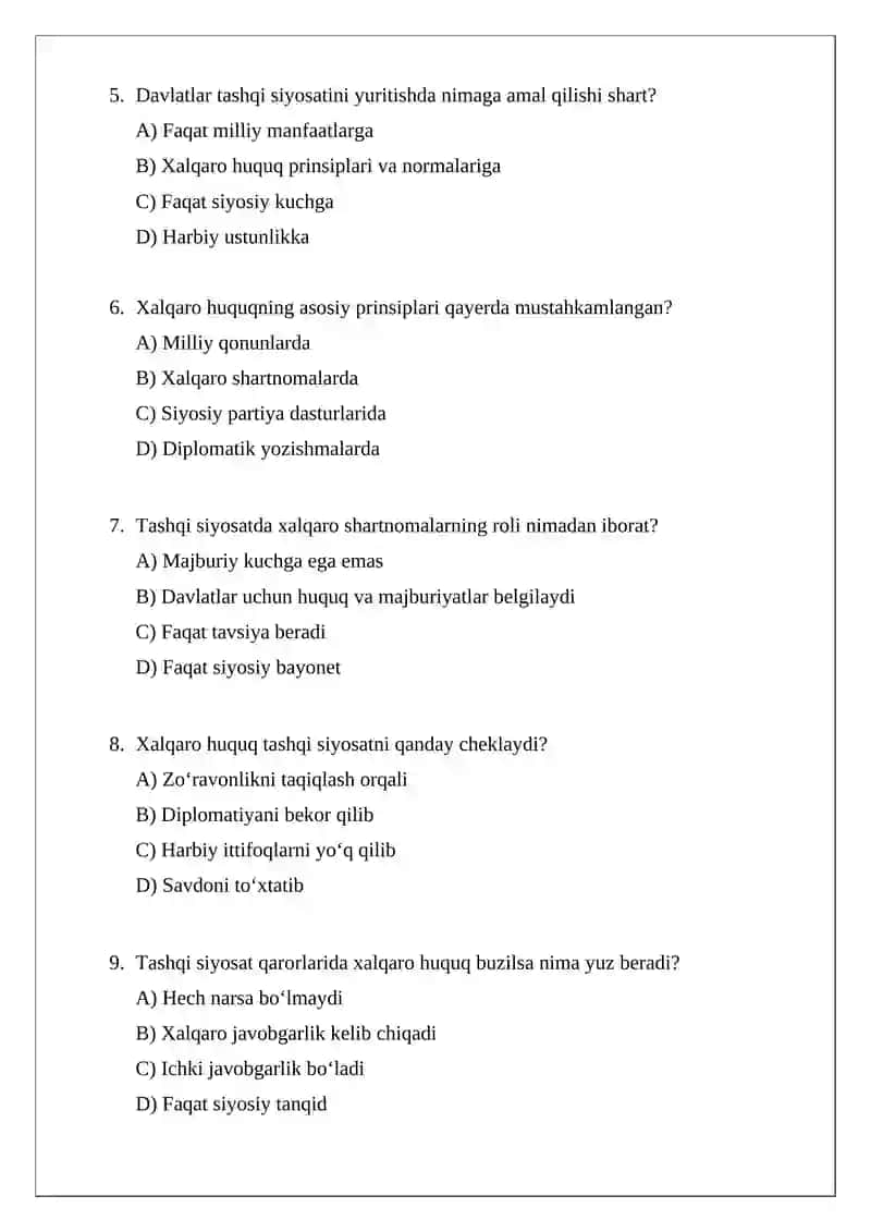 Xalqaro huquq va tashqi siyosatning o‘zaro nisbati Test 2