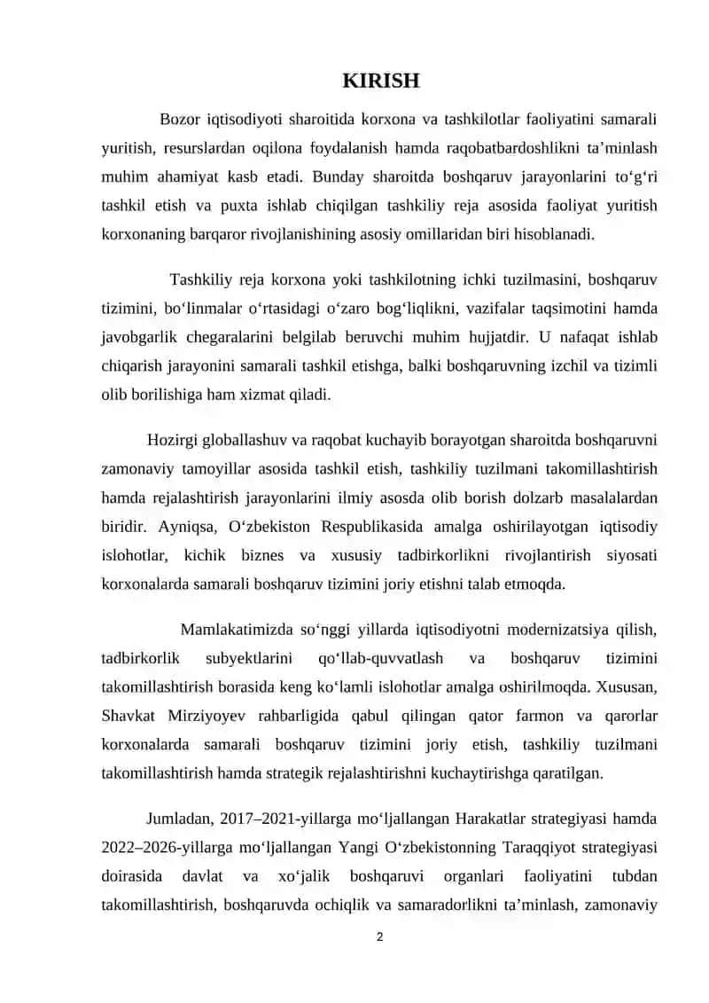 Tashkiliy rejaning mazmuni, maqsadi va vazifalari hamda boshqaruvni tashkil etish 2