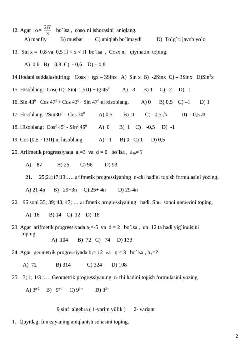 9 sinf algebra ( 1-yarim yillik ) 1-variant 2