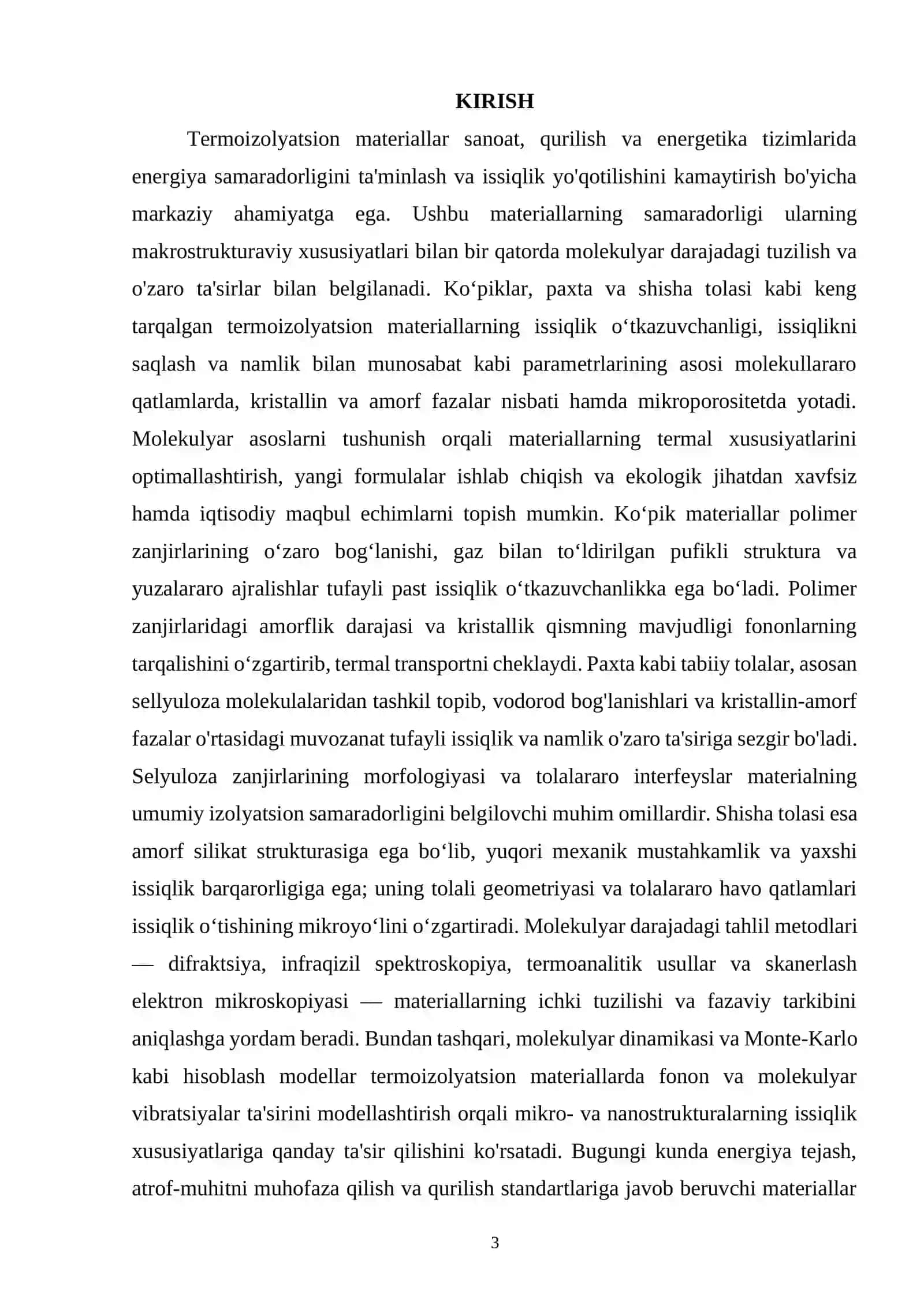 Termoizolyatsion materiallarining (ko‘pik, paxta, shisha tolasi) molekulyar asoslari 2