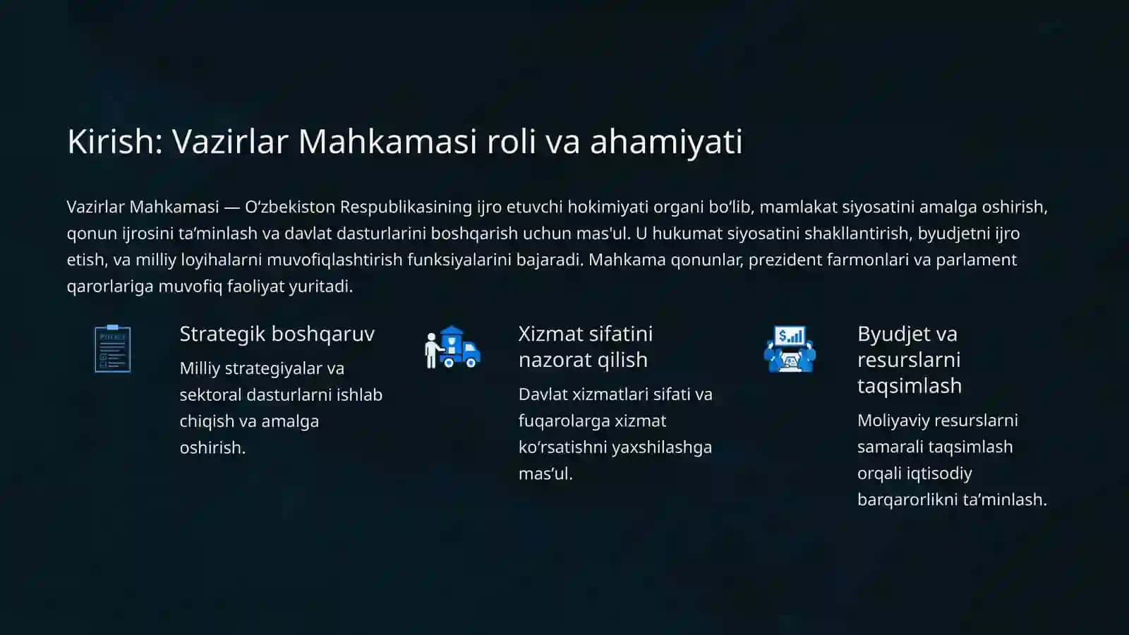 OʻZBEKISTON RESPUBLIKASI VAZIRLAR MAHKAMASI: Tuzilishi va Vazifalari 2