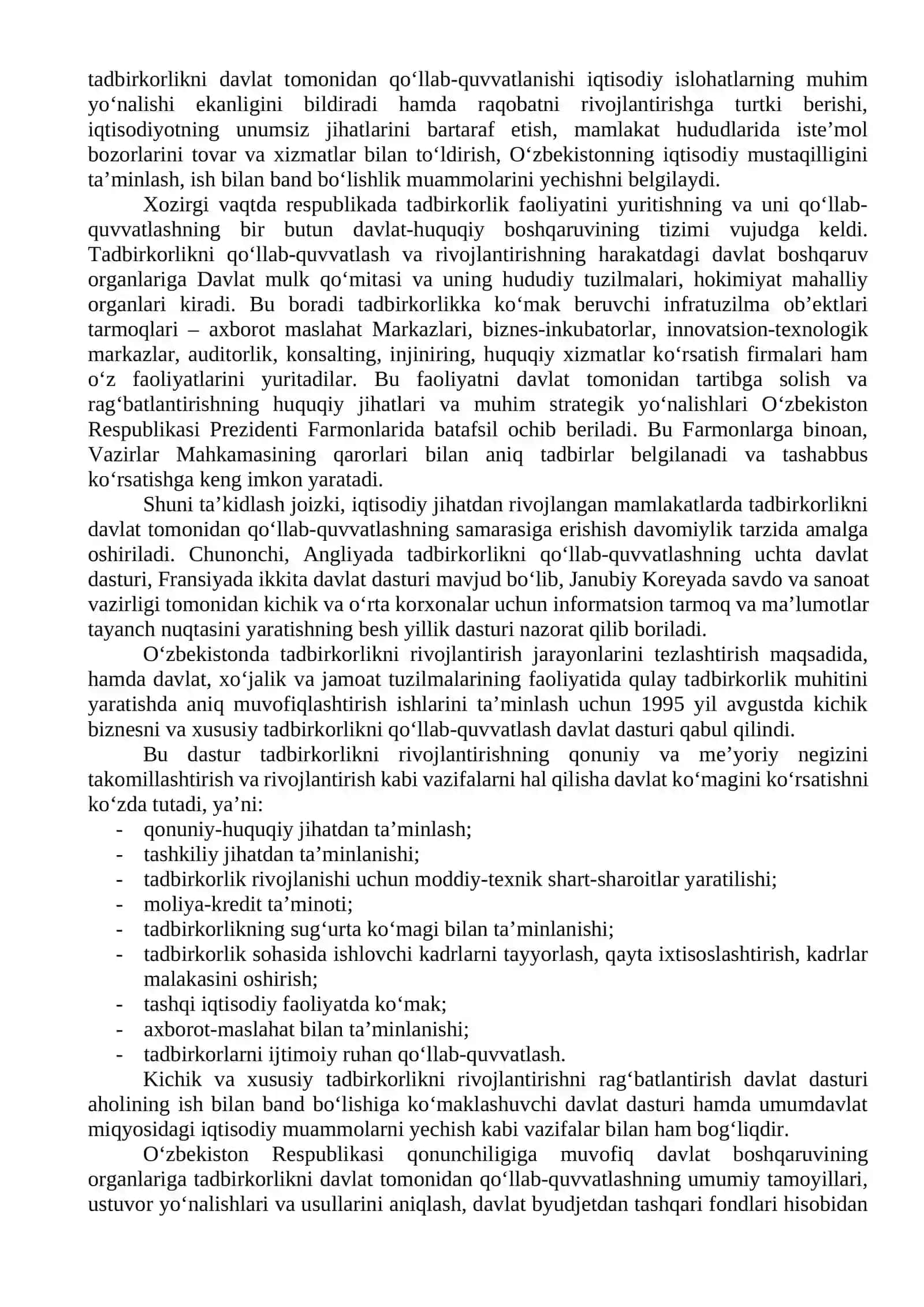 Kichik biznes va xususiy tadbirkorlik faoliyatini davlat tomonidan tartibga solish hamda qo‘llab quvvatlashning tashkiliy-huquqiy asoslari 2
